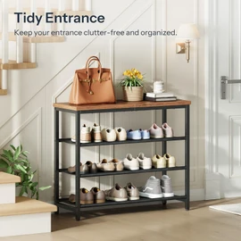 HOOBRO Shoe Rack with 3 PU Shelves, 4-Tier Shoe Storage Organizer for Closet and Entryway, Holds 9-12 Pairs of Shoes, Sturdy Metal Frame, Small Spaces, Rustic Brown and Black BF94XJ01