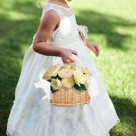 Wicker Rattan Flower Girl Basket with Pearl Handle, 6.5 * 7.8in Cute Wicker Basket Easter Basket Bowknot Flower Baskets for Wedding Home Decor