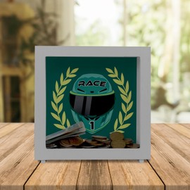 Motorsport Helmet Frame Wooden Money Box in Racing Green with Winner Wreath Cool Motorsport Racing Car Helmet Motorcycle Piggy Bank Racing Money Box Fan Men Racing Piggy Bank Car Sports Car Biker