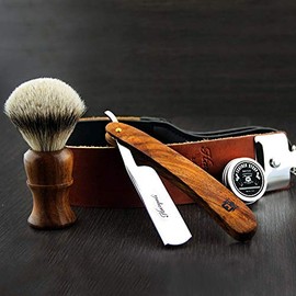 Haryali Hand Assembled Classic Collection Straight Wood Shaving Razor Silver Tip Wooden Badger Hair Shaving Brush Brown Leather Strop & Honing Paste.