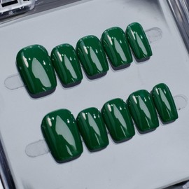Short Square Press on Nails with Solid Color Fake Nails Designs Thick Acrylic and Muti-Layer Gel False Nails Glossy Blackish Green Handmade Press on Nails Full Cover Stick on Nails for Women (M)