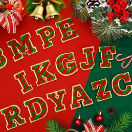 52 Pcs Red and Green Striped Christmas Patches Embroidered Chenille Letter Patches Self Adhesive for Clothing,A-Z Letter Stickers Sew on Repair Patches for Jackets Hats Backpacks