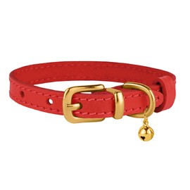 BRONZEDOG Leather Cat Collar with Bell Adjustable Non Breakaway Kitten Collars for Girl Boy Indoor Small Pet Black Brown (Neck Size 9" - 11", Red)