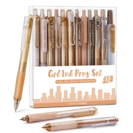 Four Candies 12Pack Pastel Gel Ink Pen Set, 11 Pack Black Ink Pens with 1Pack Highlighter for Writing, Retractable 0.5mm Fine Point Gel Pens, Cute Note Taking Pens for School Office (Brown)