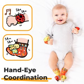 Baby Wrist Rattles Foot Finder Toys Set, Toddler Rattle Sock, Arm Hand Bracelet, Feet Leg Ankle Socks, Gift for Newborn Infant Babies Boy Girl Bebe (Yellow ladybird and Bee)