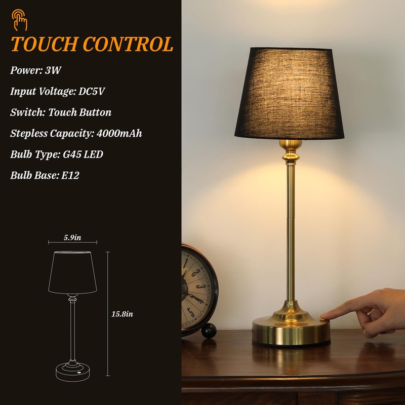 Kakanuo Cordless Table Lamps Rechargeable Set - 2 Pack Brass