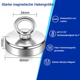 60 mm Neodymium Magnets Extra Strong 150 kg Strong Magnets Large Magnets Strong Hold Neodymium Eyelet Magnet Magnetic Hook Magnet with Eyelet, Countersunk Hole Eye Screw for Workshop, Pond Recovery,