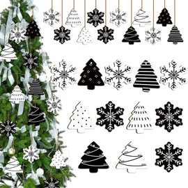 JarThenaAMCS Christmas Hanging Ornament Xmas Tree Snowflake Wooden Hanging Decor White Black Craft Pendant with Hemp Rope for Winter Home Party Wall Decor, 24 Pack