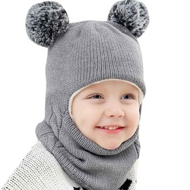 Baby Girls Boys Winter Hat Scarf Beanie Set Knitted Fleece Lined Toddler Pompom Beanie Hat Balaclava for 2-7y Kids (2-Gray)