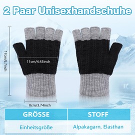 Kiiwah 2 Pairs of Winter Gloves Men and Women with Fleece Lining, Colour Matching, Half Finger Gloves, Knitted Fingerless Gloves for Work, Sports, Winter Outdoor Activities, black