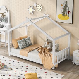 Harper & Bright Designs House Bed for Kids, Wood House Twin Platform Bed with Headboard and Footboard, Toddler House Twin Bed Frame Montessori Crib. No Box Spring Needed (Twin, White)
