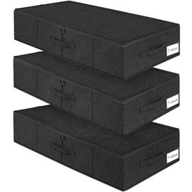 Under Bed Storage Container, 3 Pack Underbed Storage Bags With Lid, Foldable Sturdy Clothes Storage Organizer W/ 3 Handles, Ultra Thick Fabric Blanket Shoe Storage Box, 30x15x6.7inch, Black, 50L