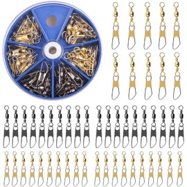 Fishing Snap Swivels Kit - 50pcs Barrel Swivels with Safety Snap Fishing Connector Swivel Snap with Solid Ring Fishing Tackle Accessories Box Kit, Black/Gold Size 4#,6#,8#,10#,12#,14#