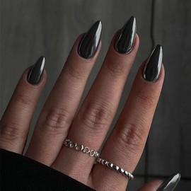 Mirror Metal Smoky Grey Chrome Press on Nails Medium Almond Metallic Nails Glue on, Acrylic Nails Fake Nails Press ons Thick Shinny Glazed False Nails Glue on Nails Medium Length Stiletto Nails 24Pcs