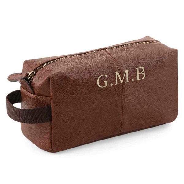 Personalised Wash Bag. Full Grain Leather Look NuHide® PU. Toiletry Bag with Embroidered Initials or Name Free P&P Fathers Day Gift Idea. Tan Colour