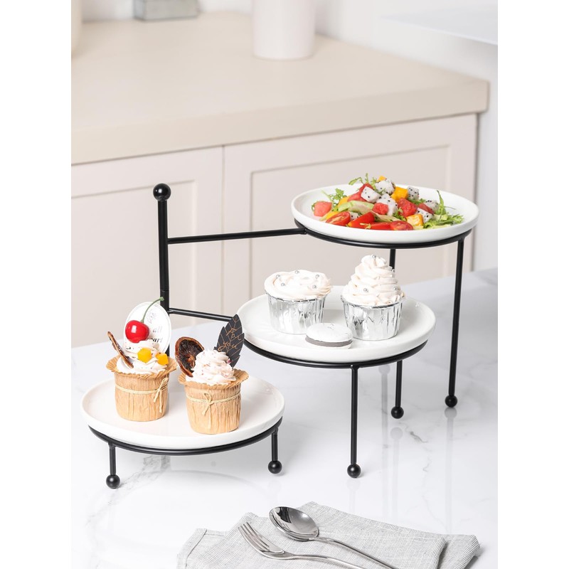 Kanwone 3 Tiered Serving Stand with White Porcelain Plates, Tiered