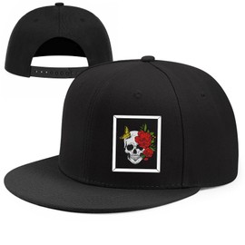 Cool Skull Butterfly Rose Mens Hats Black Flat Bill Baseball Cap for Women Style Skull Picture Frame Trucker Hat Adjustable Skeleton Hats Original Flat Caps for Men Youth Snapback Baseball Hat