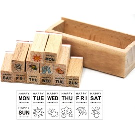 Tiardey 12 Pcs Mini Cute Wooden Rubber Stamps DIY Diary Scrapbook Stamps Set with Wooden Box - Week,Weather