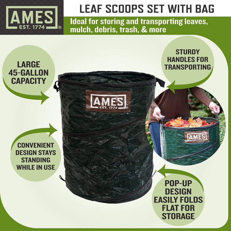 AMES Leaf Scoops Hand Rake Set with Collapsible Pop-Up Garden