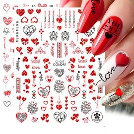 Valentine’s Day Nail Art Stickers Decals 3D Self-Adhesive Nail Art Supplies Red Glitter Heart Nail Decals Love Heart Red Lips Rose Letter Design Nail Stickers for Women Nail Art Decorations 9 Sheets