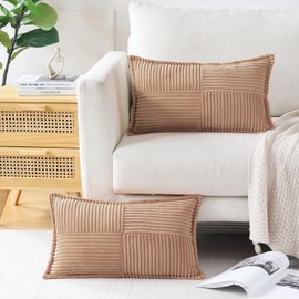 Artscope Corduroy Cushion Covers Pack of 2 Modern Patchwork Throw Pillow Covers Soft Pillowcase Broadside Decorative Textured Cushions for Home decor Sofa Bedroom Couch Light Brown 40x60cm