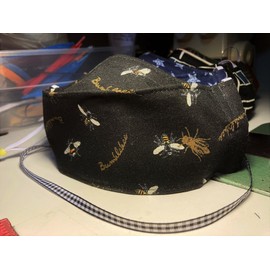 Bees on Black - Origami/3D Structured Fabric Face Mask - 4 Layers - black bees - Washable - Nose Strip - Filter Pocket - Soft Elastic - Ribbon Lanyard (Large, Adult Standard)