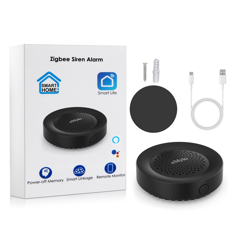 eMylo Zigbee Alarm, Black Alarm, TUYA/SmartLife APP Control, Sound and