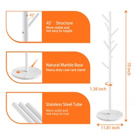 ZOZOE Metal Coat Rack Freestanding, Metal Coat Rack Stand with Natural Marble Base, Modern Coat Racks with 8 Hooks, White Coat Tree Hanger Stand for Jacket, Bag, Entryway, Office
