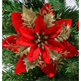 12 Pcs Poinsettia Flowers Artificial Christmas Decorations,Artificial Red Poinsettia Flowers for Christmas Tree,Fake Glitter Poinsettia 5.5" with Stems Clips for Outdoor Home Decor(Red Gold)