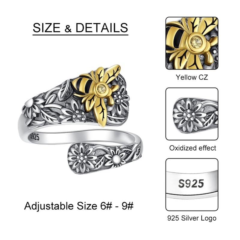 BEILIN Sunflower Bee Rings 925 Sterling Silver Spoon Ring Vintage