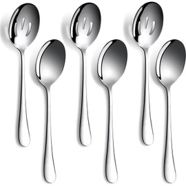 6-Piece Stainless Steel Serving Spoons Set - 3 Large Serving Spoons & 3 Slotted Spoons - Buffet, Party, Banquet, and Kitchen Utensils - Silver