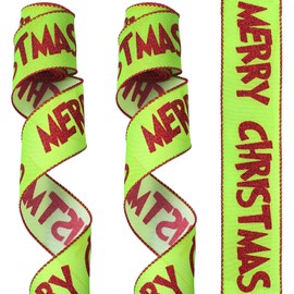 Suncalla 2 Rolls Lime Green and Red Merry Christmas Wired Ribbon 2.5 Inches Glitter Christmas Wired Edge Ribbon for Xmas Tree Decoration DIY Craft Bows Wreath Gift Wrapping