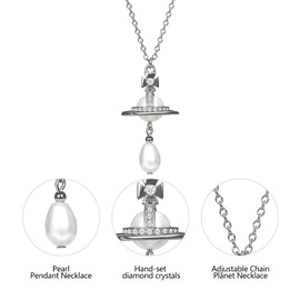 Saturn Necklace for Women Pearl Necklace Baroque Pearl Pendant Necklace Silver Adjustable Planet Necklace for Women Jewelry Gifts Birthday Anniversary（White Gold）