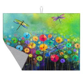 Dish Drying Mat for Kitchen Counter, Dragonfly Watercolor Flowers Dish Mat Microfiber Drying Pad Dish Drainer Mats for Countertop Coffee Bar 18x24 Inch