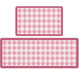 Bulijojo Diamond Grid Anti Fatigue Kitchen Floor Mats Set of 2 Waterproof Kitchen Sink Runner Rug Standing Mat Cushioned Kitchen Rugs Comfort Doormat 17"x47"+17" x30“ (Pink)