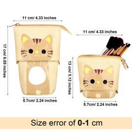 4 Pieces Telescopic Pencil case Transformer Stand Store Pencil Pouch Holder Canvas PU Cartoon Organizer Makeup Bag Cosmetics Stationery Pen Case Box with Zipper (Cat Print)