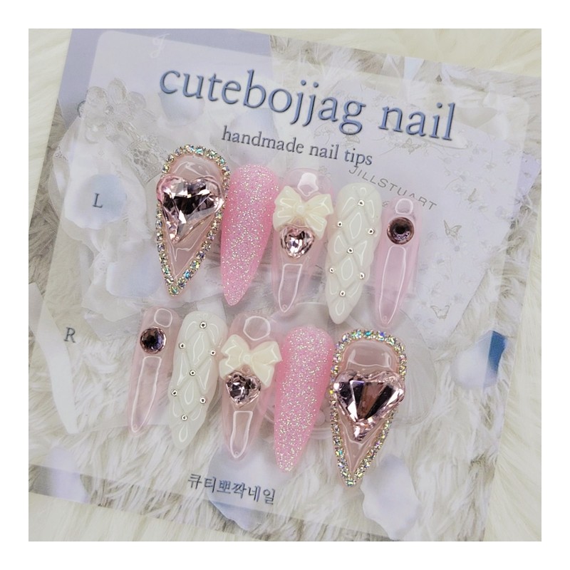 Pink Heart Emboss Handmade Nail Tips - Ballerina / 핑크하트엠보