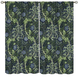 YCness William Morris Floral Curtains, Watercolor Vintage Flower Art Style Room Windows Treatments for Bedroom Living Room, Boho Chic Green Floral Printed Drapes 2 Panel Sets,42x45 Inch