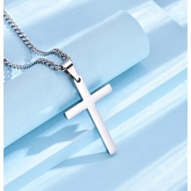 USEEDOVIA Cross Necklace for Men, 316L Stainless Steel Mens Necklace with Cross Pendant, Silver Link Chain (55+5cm) Christmas Religious Birthday Gifts for Him Boys