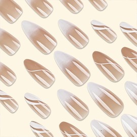 Almond Press On Nails Medium Ombre Fake Nails Nude Line Acrylic Nails, French Full Cover False Nails White Nails Tips Glue on Nails for Women and Girls Nails Decoration