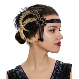 wekicici 1920s Flapper Black Yellow Feather Headband Vintage Flower Great Gatsby Feather Headband Feather Hair Band with Rhinestone Headpiece Hair Accessories for Women Girls
