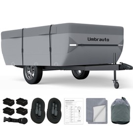 Umbrauto Pop Up Folding Camper Cover Upgraded 7 Layers Top Tent Trailer Cover Waterproof Extra Thick Polypropylene Breathable Ripstop Anti-UV Pop Up Folding Trailer Cover Fits 8' - 10' Trailers