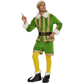 Elf Costume for Men, Deluxe 6 Pcs Christmas Green Elf Velvet Suit Adult Outfit, Xmas Fancy Holiday Party Cosplay Suit