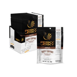 Perky Jerky Tasty Teriyaki Turkey Jerky, 1oz (Pack of 12) - Low Sodium - 10g Protein per Serving - Low Fat - 100% U.S. Sourced - Tender Texture