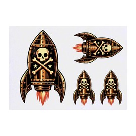 4 x 'Pirate Rocket ' Temporary Tattoos - Water Resistant, Skin-Safe, Non-Toxic Transfers, Mixed Sizes (TO00077654)