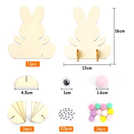 Sprinlot Wooden Rabbits for Painting, Pack of 12 DIY Easter Bunny Decoration with Colourful Mini Pompoms and Googly Eyes, Easter Bunny Children's Craft Sets, Wooden Craft Set Children for Craft