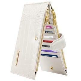 Simikol Wallet Women Crocodile Large Capacity Wallets RFID Blocking Multi Card Organizer Womens Billfold Long Purse Credit Cards Holder with Double Zipper,Beige