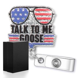 rofiowa Talk to Me Goose Funny Sunglasses Glitter Badge Reel, Retractable Badge Holder for Nurses Doctors Medical Assistant Navy Patriot, Independence Day, Maverick Movie Lovers Gift