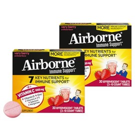 Airborne Airborne 1000mg Vitamin C with Vitamin D + Zinc Sugar Free Multivitamin Immune Support Effervescent Fizzy Drink Tablets, Very Berry Flavor with Powerful Antioxidants VIT A C & E, 30 Tablets (2 Pack)