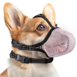 Dog Muzzle,Mesh Soft Muzzle for Small Medium Large Sized Dogs, Breathable Reflective Adjustable Puppy Muzzles with Collar for Scavenging Grooming Biting Chewing,Allows Panting and Drinking(Pink XL)